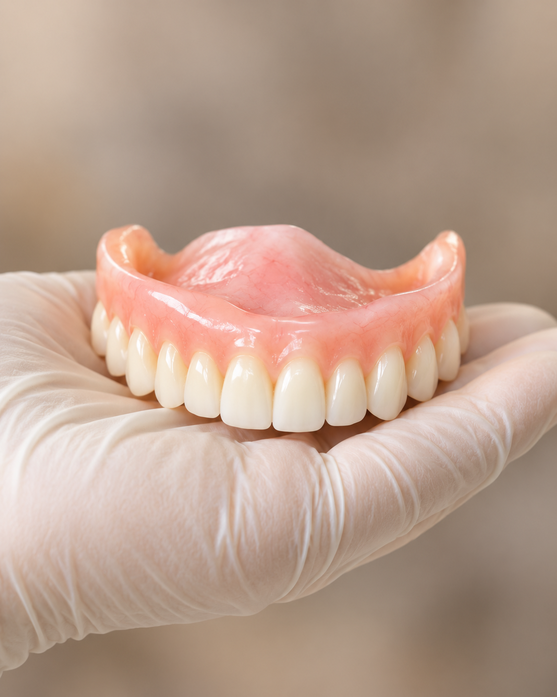 An upper denture resting in a gloved hand