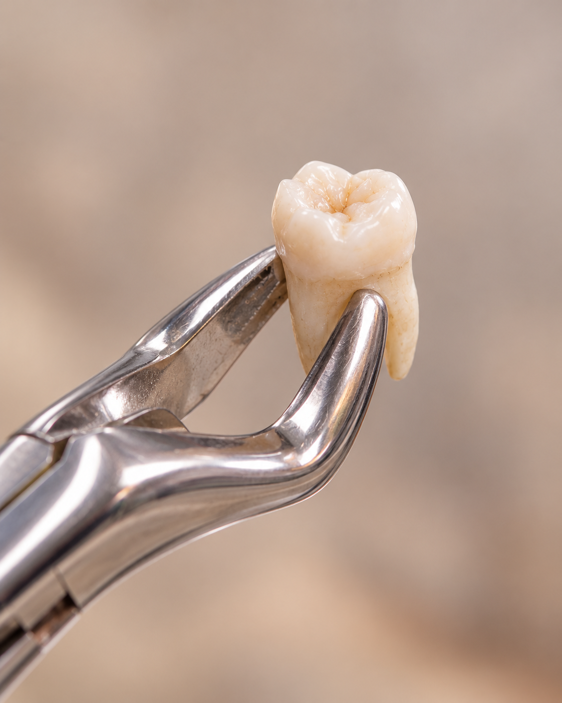 An ivory molar held in dental extraction forceps